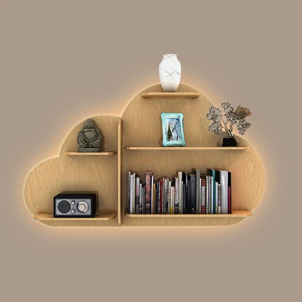 Cloud Shape Backlit Designer Wooden Wall Shelf / Book Shelf / Night Light, Light Oak Finish