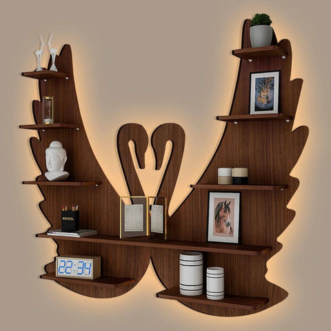 Loving Swan Backlit Designer Wooden Wall Shelf / Book Shelf / Night Light, Walnut Finish