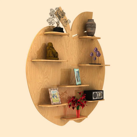 Apple Shape Backlit Designer Wooden Wall Shelf / Book Shelf / Night Light, Light Oak Finish