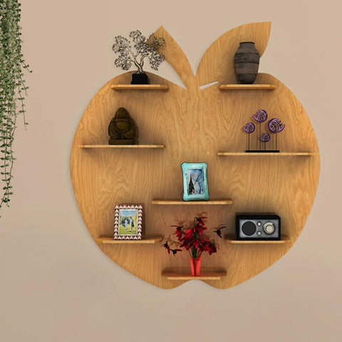 Apple Shape Backlit Designer Wooden Wall Shelf / Book Shelf / Night Light, Light Oak Finish