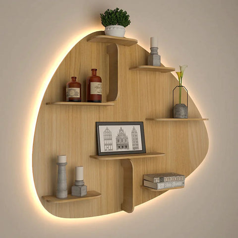 Abstract Shape Backlit Designer Wooden Wall Shelf / Book Shelf / Night Light, Light Oak Finish