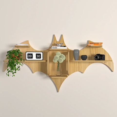 Bat Shape Backlit Designer Wooden Wall Shelf Book Shelf Night Light, Light Oak Finish