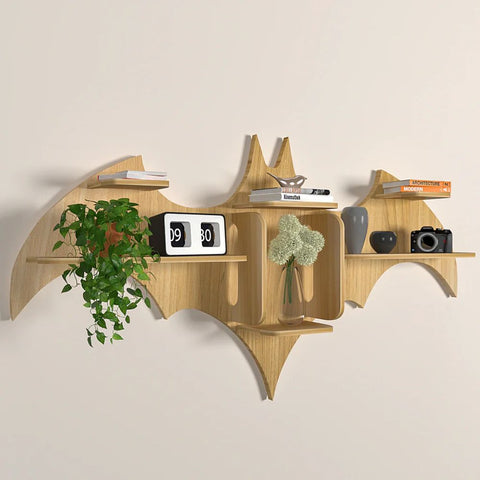 Bat Shape Backlit Designer Wooden Wall Shelf Book Shelf Night Light, Light Oak Finish