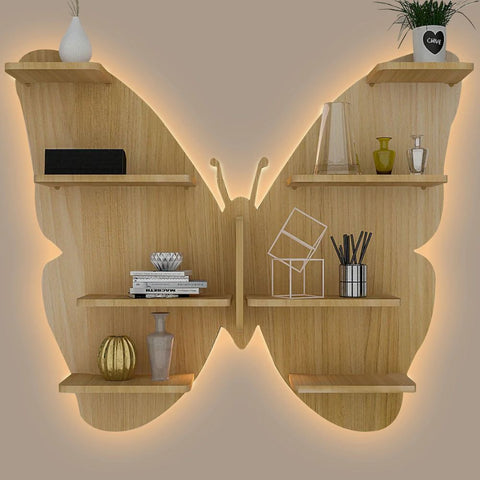 Butterfly Shape Backlit Designer Wooden Wall Shelf / Book Shelf / Night Light, Oak Finish