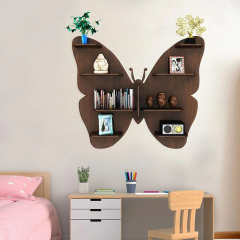 Butterfly Shape Backlit Designer Wooden Wall Shelf / Book Shelf / Night Light, Walnut Finish