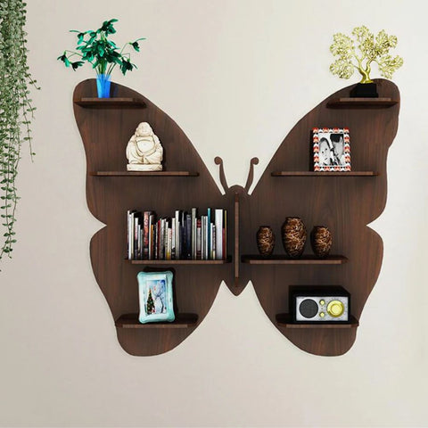 Butterfly Shape Backlit Designer Wooden Wall Shelf / Book Shelf / Night Light, Walnut Finish