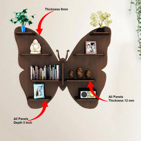 Butterfly Shape Backlit Designer Wooden Wall Shelf / Book Shelf / Night Light, Walnut Finish