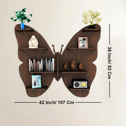 Butterfly Shape Backlit Designer Wooden Wall Shelf / Book Shelf / Night Light, Walnut Finish