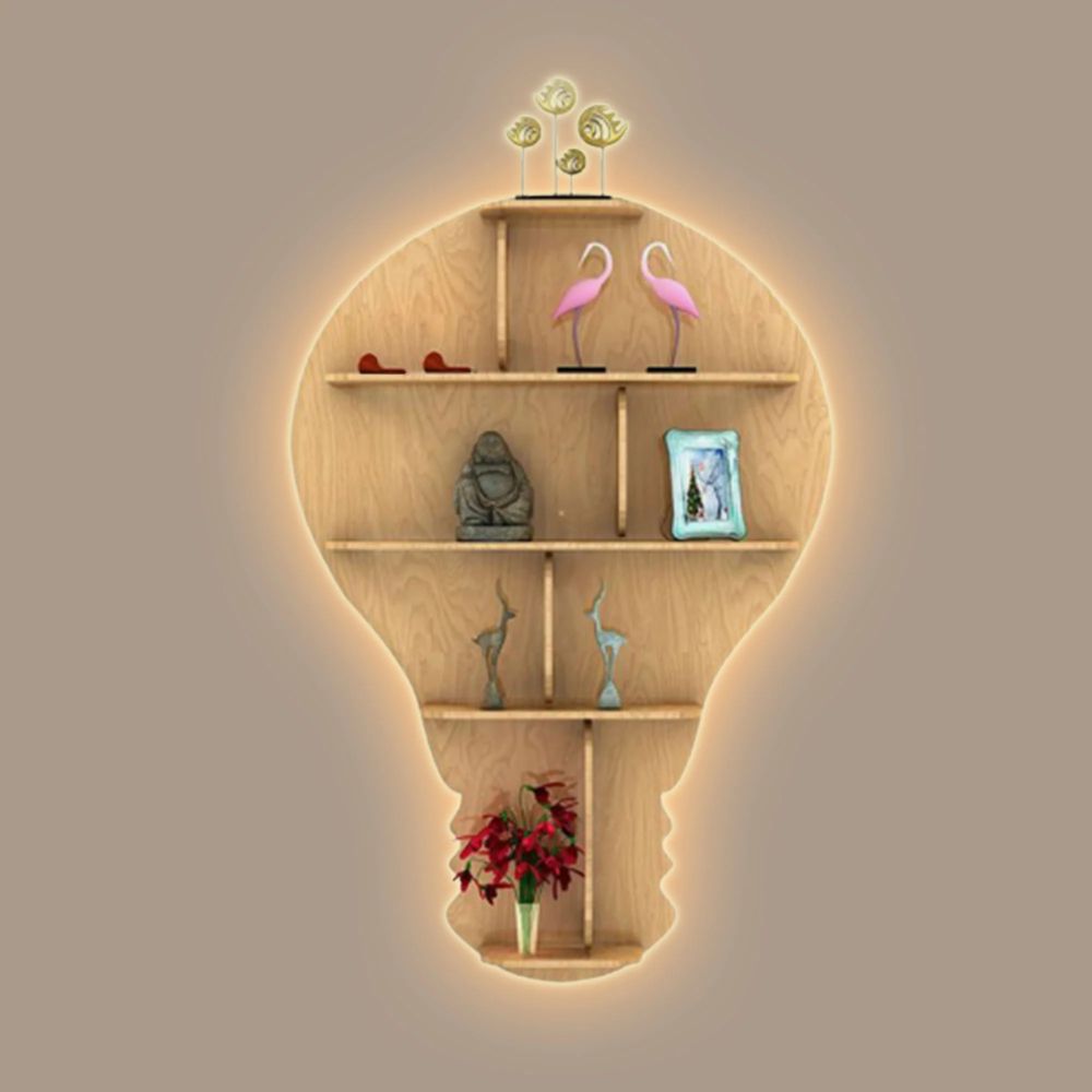 Bulb Shape Backlit Designer Wooden Wall Shelf / Book Shelf / Night Light, Light Oak Finish