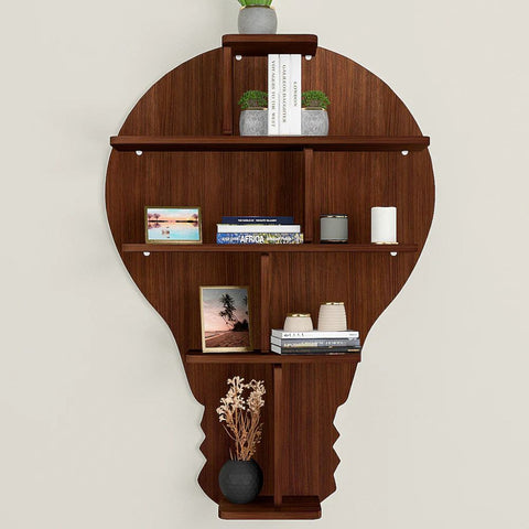 Bulb Shape Backlit Designer Wooden Wall Shelf / Book Shelf / Night Light, Walnut Finish