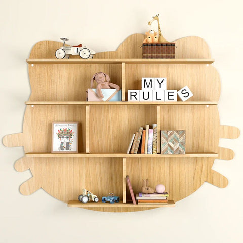 Cat Shape Backlit Designer Wooden Wall Shelf / Book Shelf / Night Light, Oak Finish