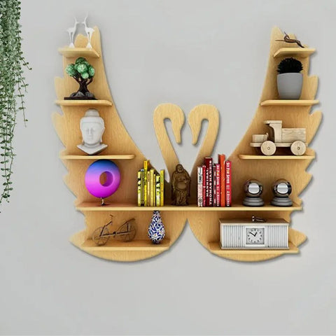 Beautiful Loving Swan Backlit Designer Wooden Wall Shelf / Book Shelf / Night Light, Light Oak Finish