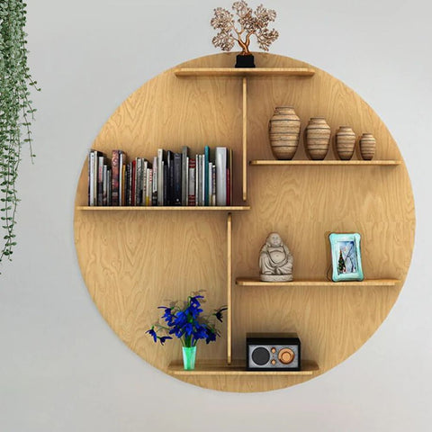 Circle Shape Backlit Designer Wooden Wall Shelf / Book Shelf / Night Light, Oak Finish