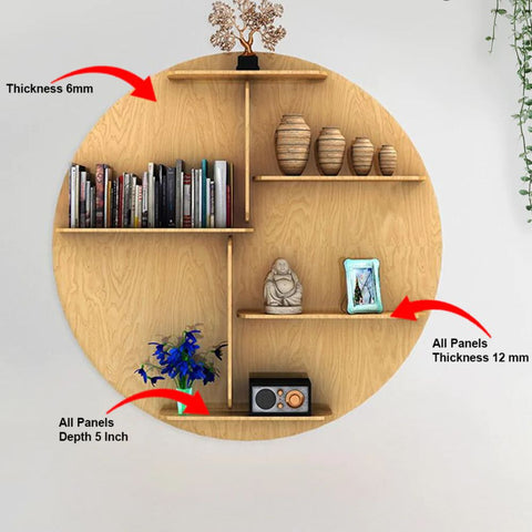 Circle Shape Backlit Designer Wooden Wall Shelf / Book Shelf / Night Light, Oak Finish