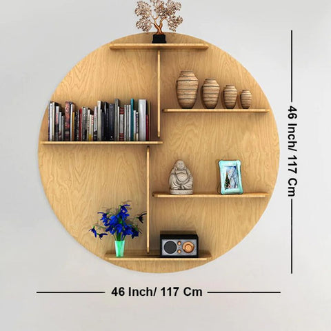 Circle Shape Backlit Designer Wooden Wall Shelf / Book Shelf / Night Light, Oak Finish