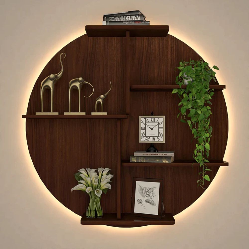 Circle Shape Dark Backlit Designer Wooden Wall Shelf / Book Shelf / Night Light, Walnut Finish