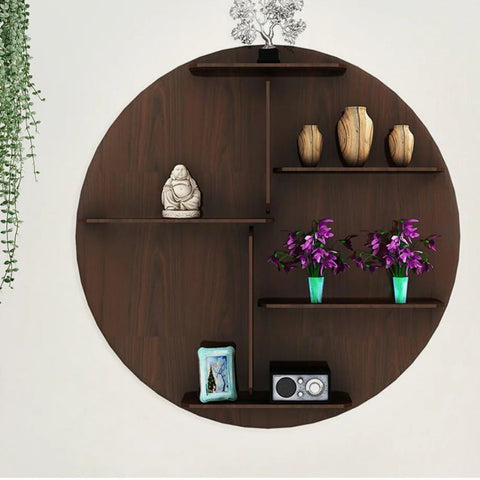 Circle Shape Dark Backlit Designer Wooden Wall Shelf / Book Shelf / Night Light, Walnut Finish