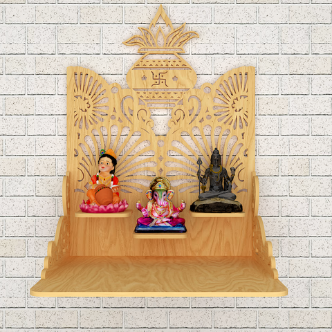 Beautiful Wall Hanging Wooden Temple/ Pooja Mandir Design With Shelf, Natural Color (DS015)