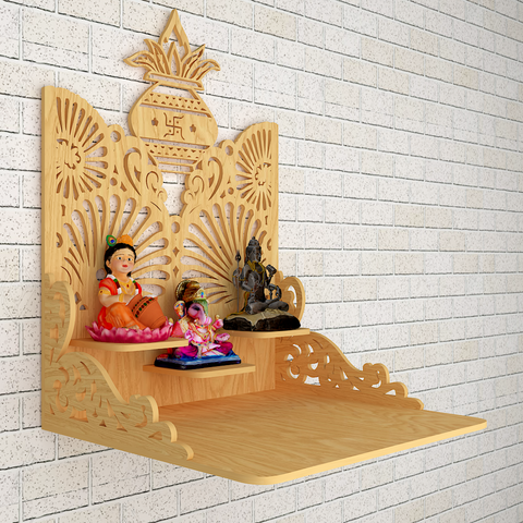 Beautiful Wall Hanging Wooden Temple/ Pooja Mandir Design With Shelf, Natural Color (DS015)