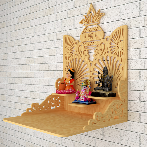 Beautiful Wall Hanging Wooden Temple/ Pooja Mandir Design With Shelf, Natural Color (DS015)