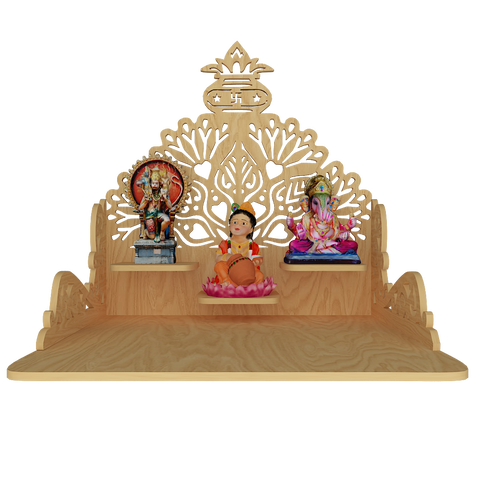 Beautiful Wall Hanging Wooden Temple/ Pooja Mandir Design With Shelf, Natural Color (DS012)