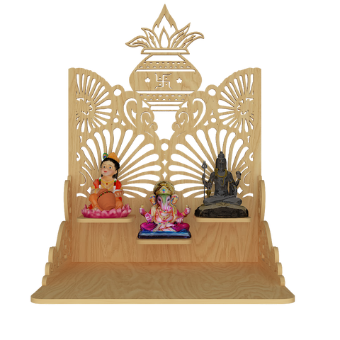 Beautiful Wall Hanging Wooden Temple/ Pooja Mandir Design With Shelf, Natural Color (DS015)