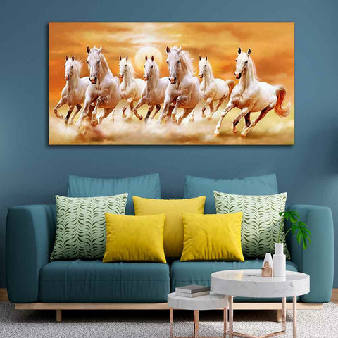 3D White Seven Horses Running Canvas Wall Painting