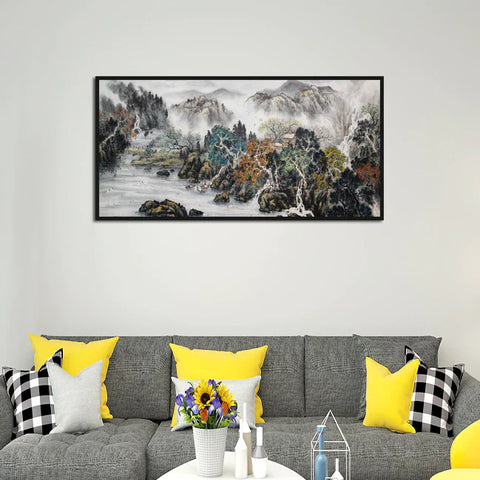 Mountain And Water Abstract Art Canvas Floating Frame Wall Painting