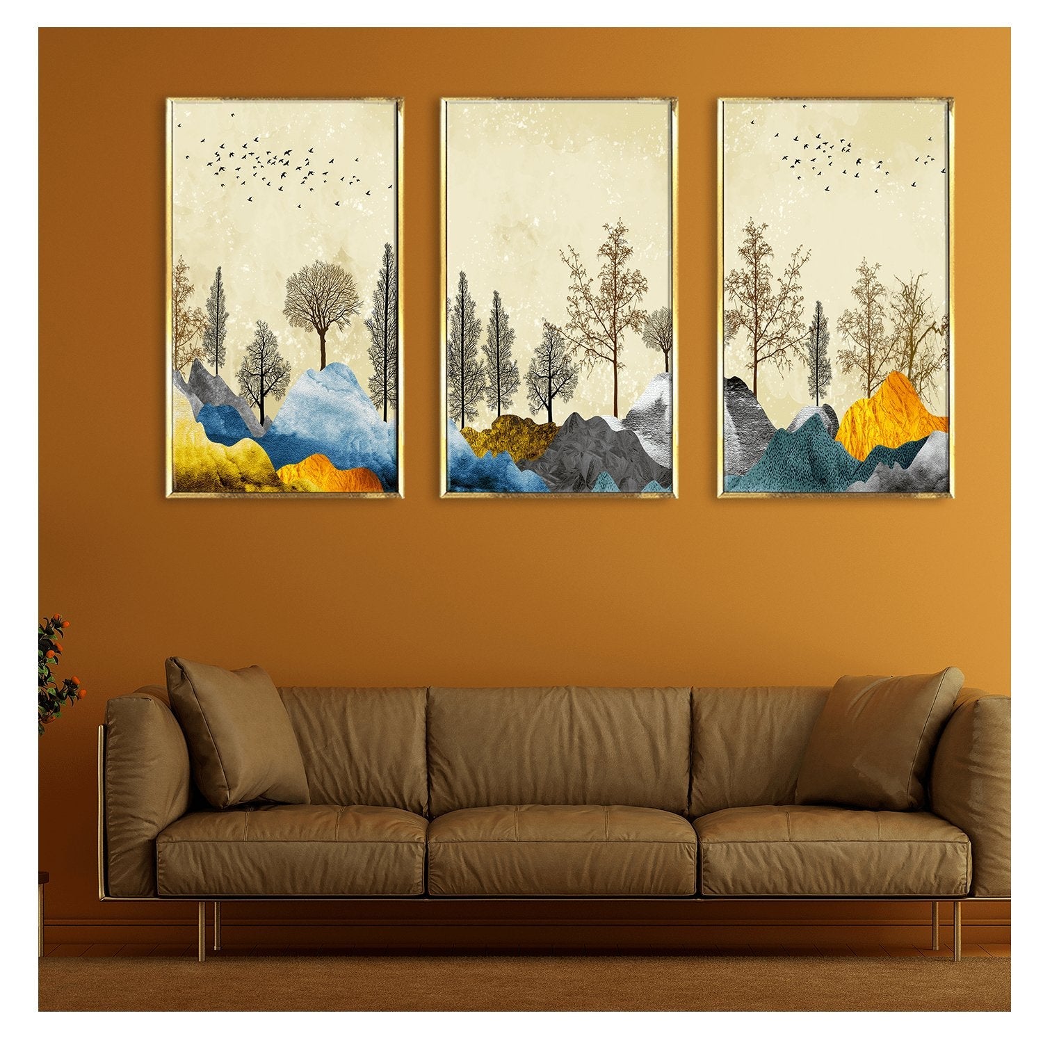 Brown trees with golden flowers Canvas Painting Framed for Home and Office