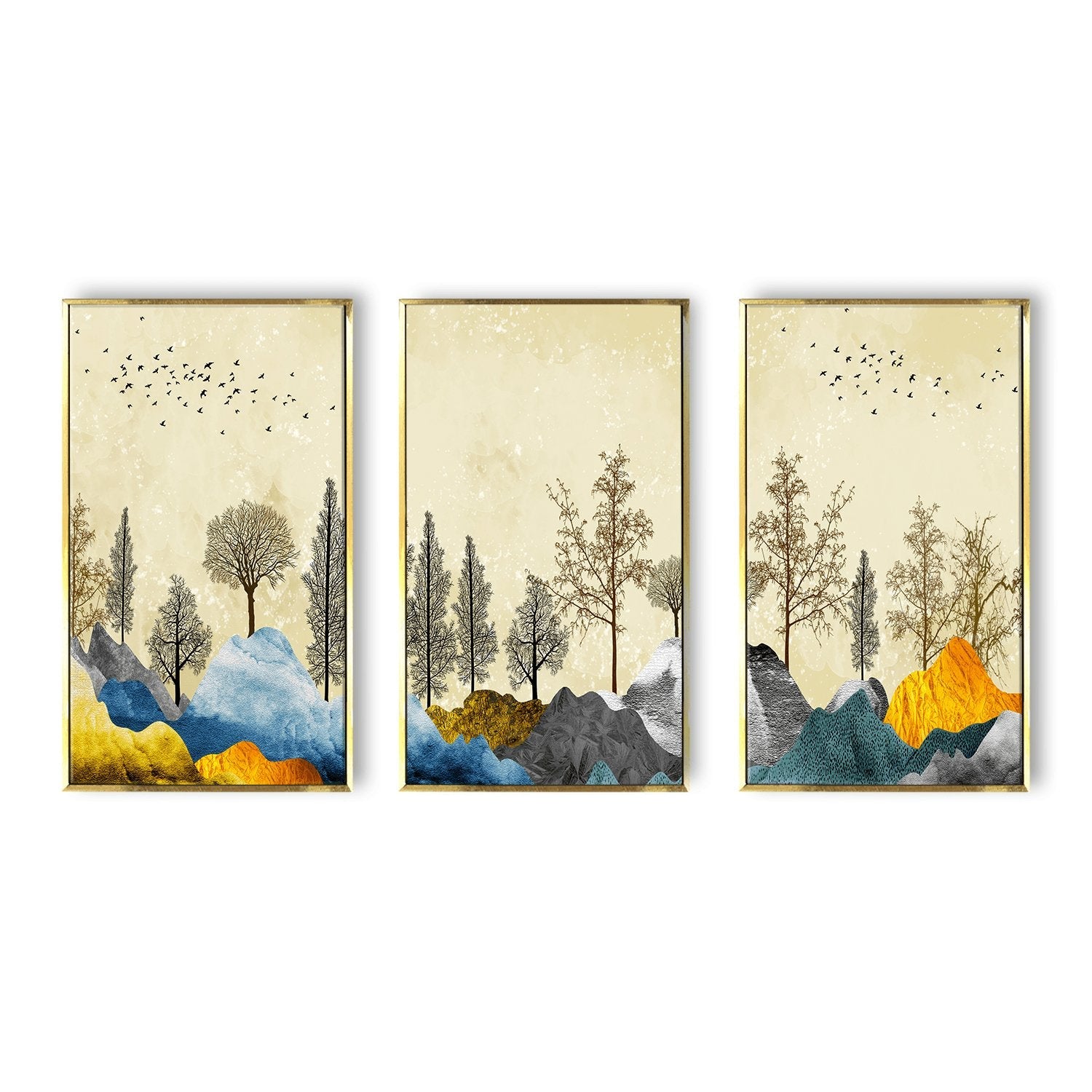 Brown trees with golden flowers Canvas Painting Framed for Home and Office