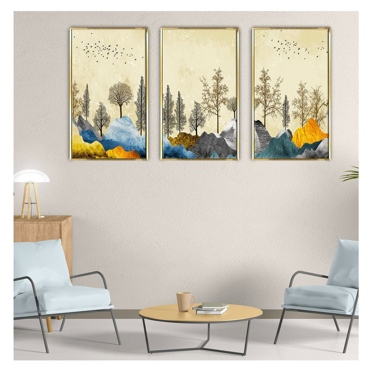 Brown trees with golden flowers Canvas Painting Framed for Home and Office