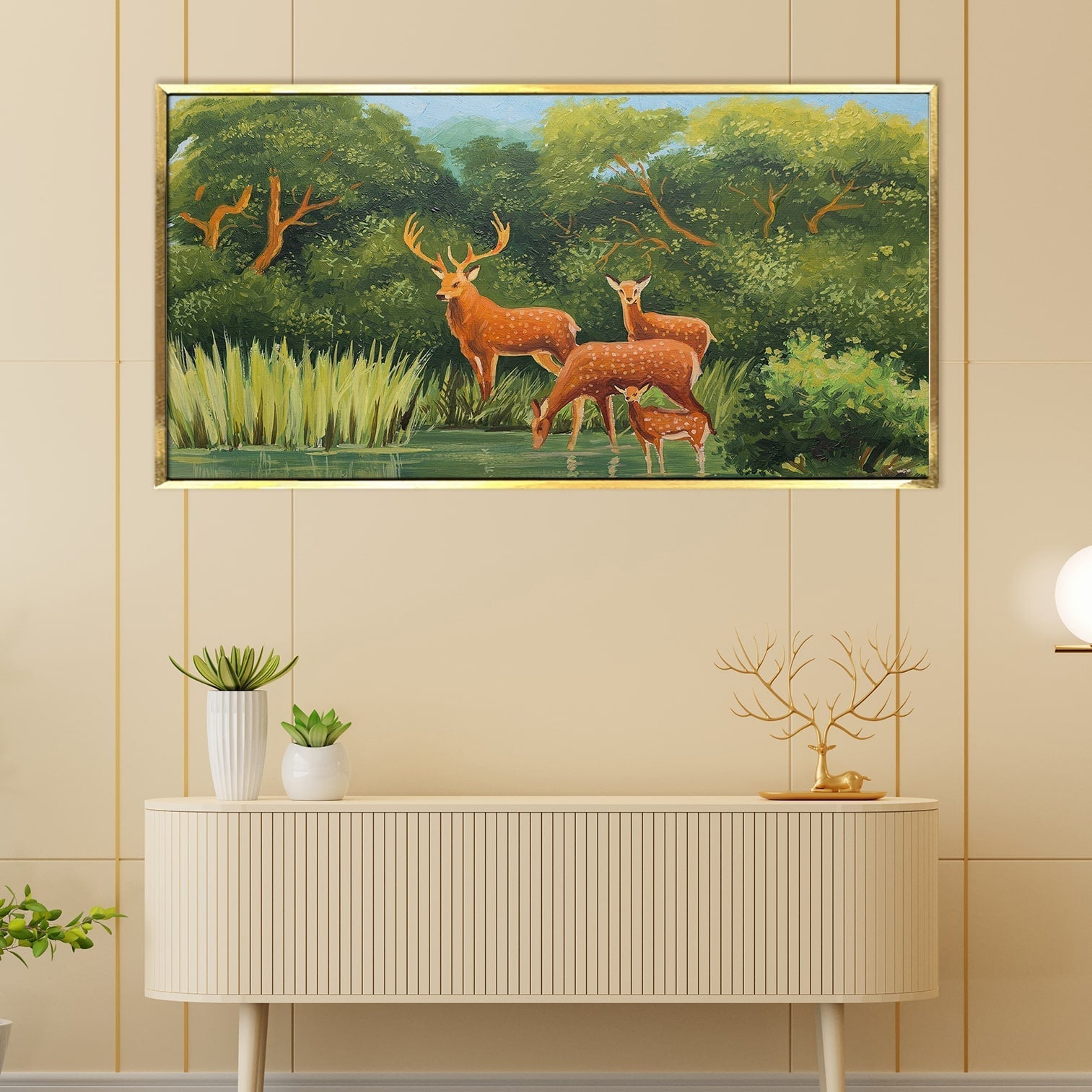 Deer Vastu Canvas Painting Framed For Living Room Wall Decoration