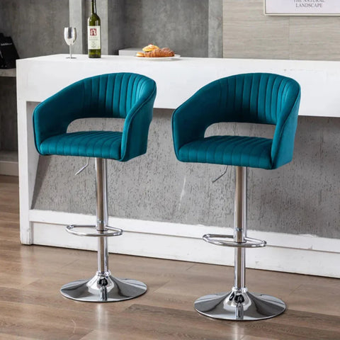 Emerald Blue Plush Feel Velvet Adjustable Bar Stool