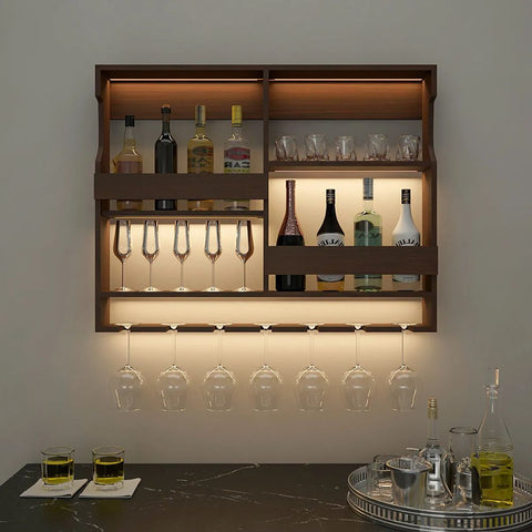 Backlit Wooden Bar Wall Shelf / Mini Bar Cabinet in Light Walnut Finish