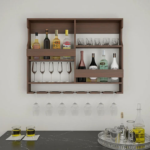 Backlit Wooden Bar Wall Shelf / Mini Bar Cabinet in Light Walnut Finish