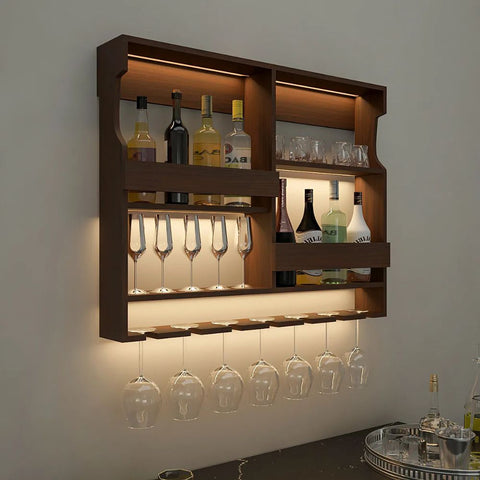 Backlit Wooden Bar Wall Shelf / Mini Bar Cabinet in Light Walnut Finish