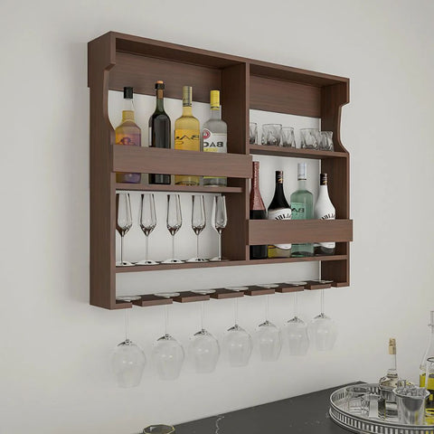 Backlit Wooden Bar Wall Shelf / Mini Bar Cabinet in Light Walnut Finish