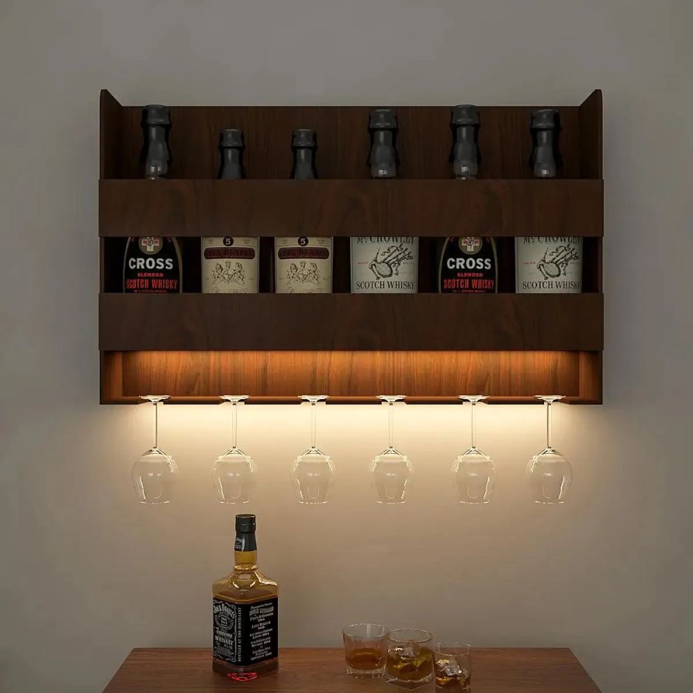 Sturdy Backlit Wooden Bar Wall Shelf / Mini Bar Cabinet (Walnut Finish)