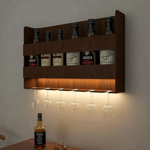 Sturdy Backlit Wooden Bar Wall Shelf / Mini Bar Cabinet (Walnut Finish)