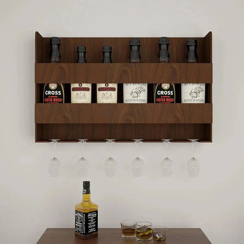 Sturdy Backlit Wooden Bar Wall Shelf / Mini Bar Cabinet (Walnut Finish)