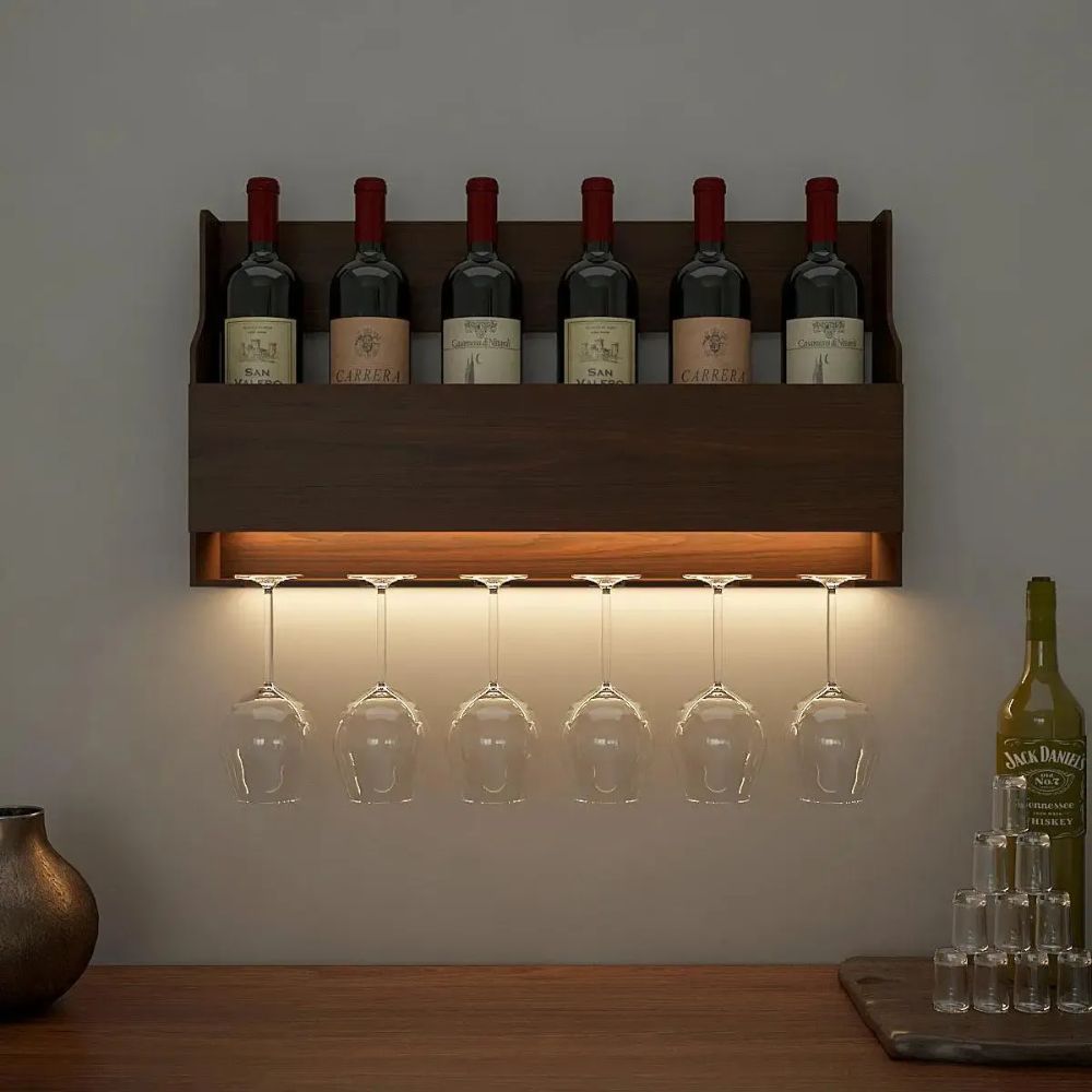 Spacious Backlit MDF Bar Wall Shelf / Mini Bar Cabinet In Walnut Finish