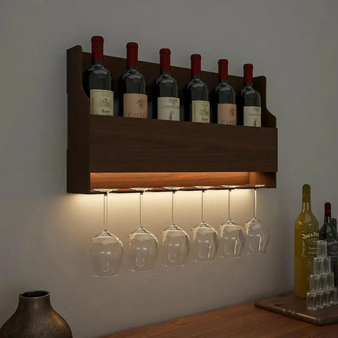 Spacious Backlit MDF Bar Wall Shelf / Mini Bar Cabinet In Walnut Finish