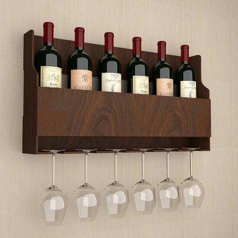 Spacious Backlit MDF Bar Wall Shelf / Mini Bar Cabinet In Walnut Finish