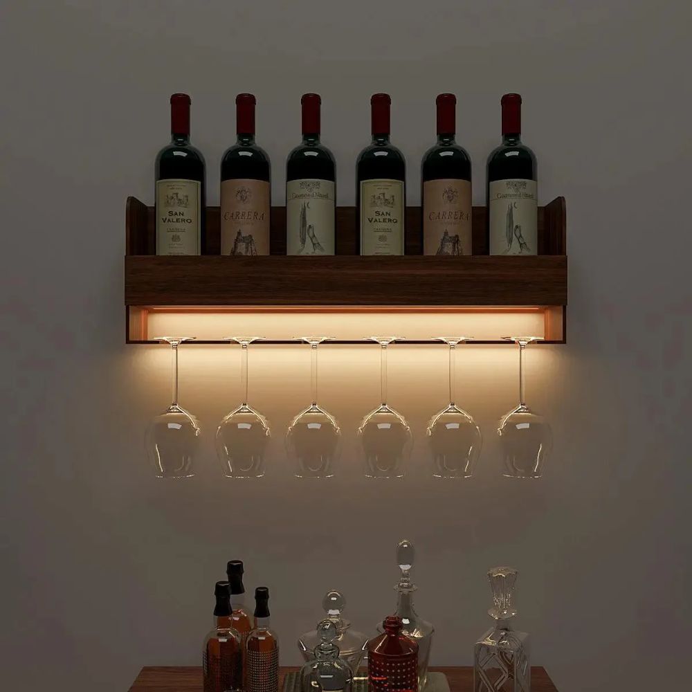 Backlit Wooden Bar Wall Shelf-cum-Mini Bar Cabinet in Walnut Finish