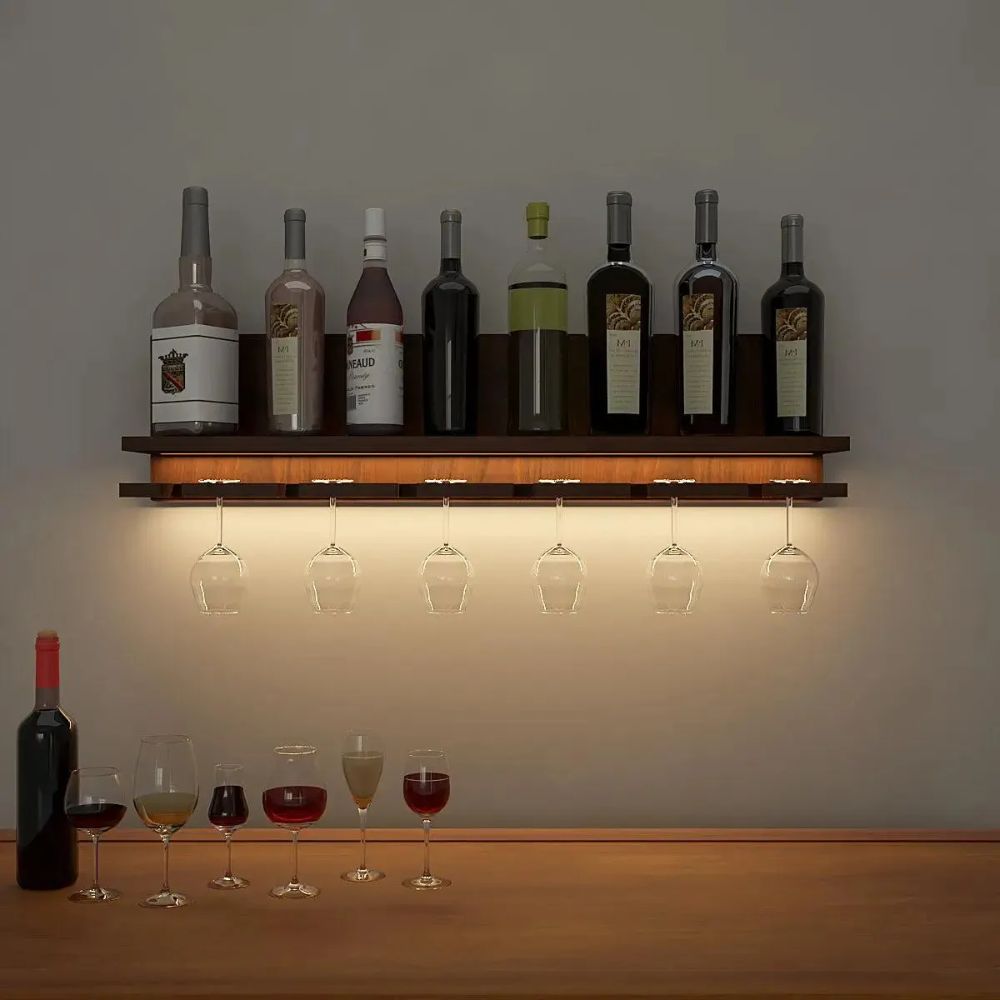 Aesthetic Backlit Wooden Bar Wall Shelf / Mini Bar Cabinet (Walnut Finish)