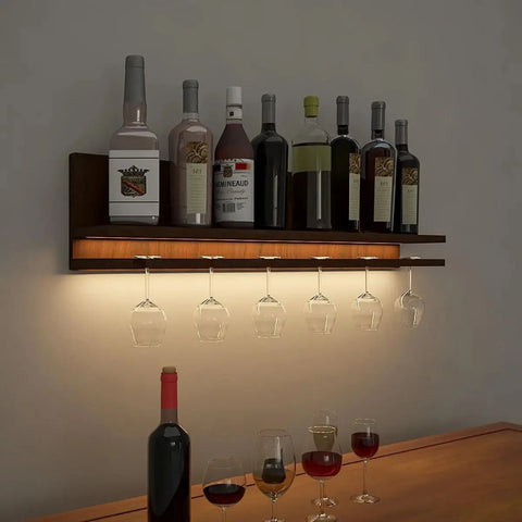 Aesthetic Backlit Wooden Bar Wall Shelf / Mini Bar Cabinet (Walnut Finish)