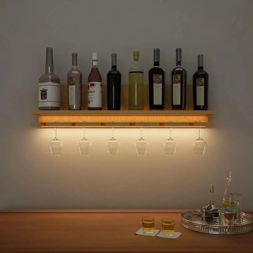 Aesthetic Backlit Wooden Bar Wall Shelf / Mini Bar Cabinet (Light Oak FInish)