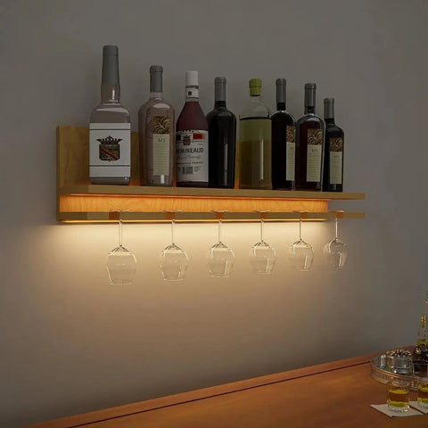 Aesthetic Backlit Wooden Bar Wall Shelf / Mini Bar Cabinet (Light Oak FInish)