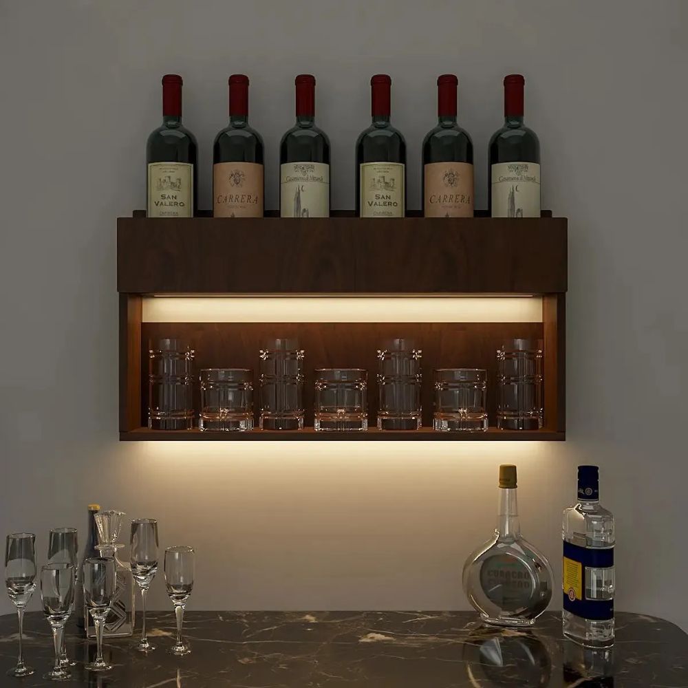 Engineered Wood Backlit Bar Wall Shelf / Mini Bar Cabinet in Walnut Finish