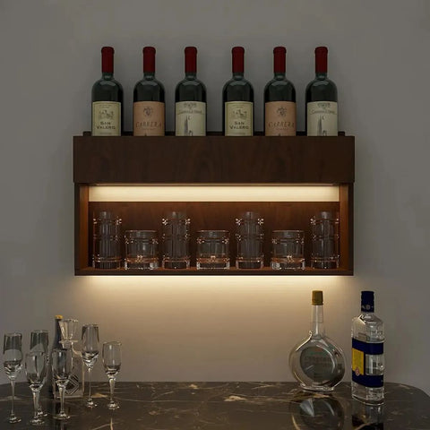 Engineered Wood Backlit Bar Wall Shelf / Mini Bar Cabinet in Walnut Finish